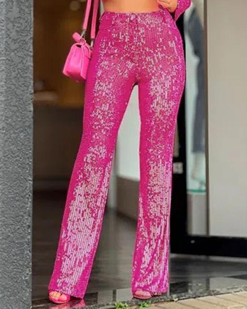 

High Waist Bootcut Sequin Pants, Hot pink