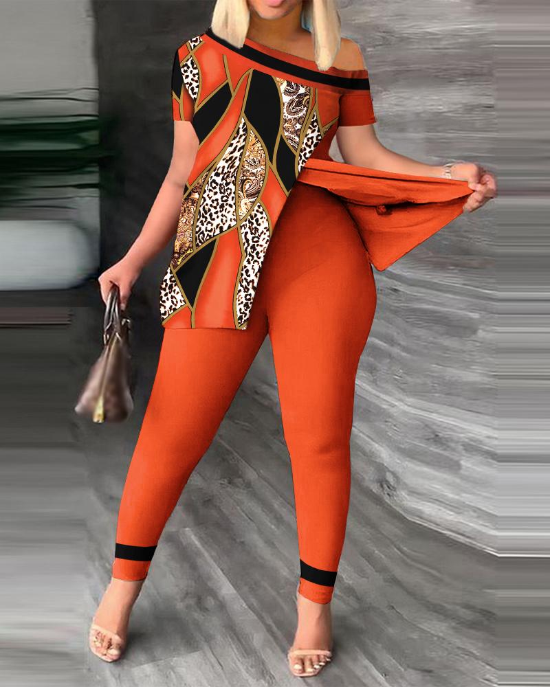 

Plus Size Baroque Leopard Print Split Hem Top & Pants Set, Orange