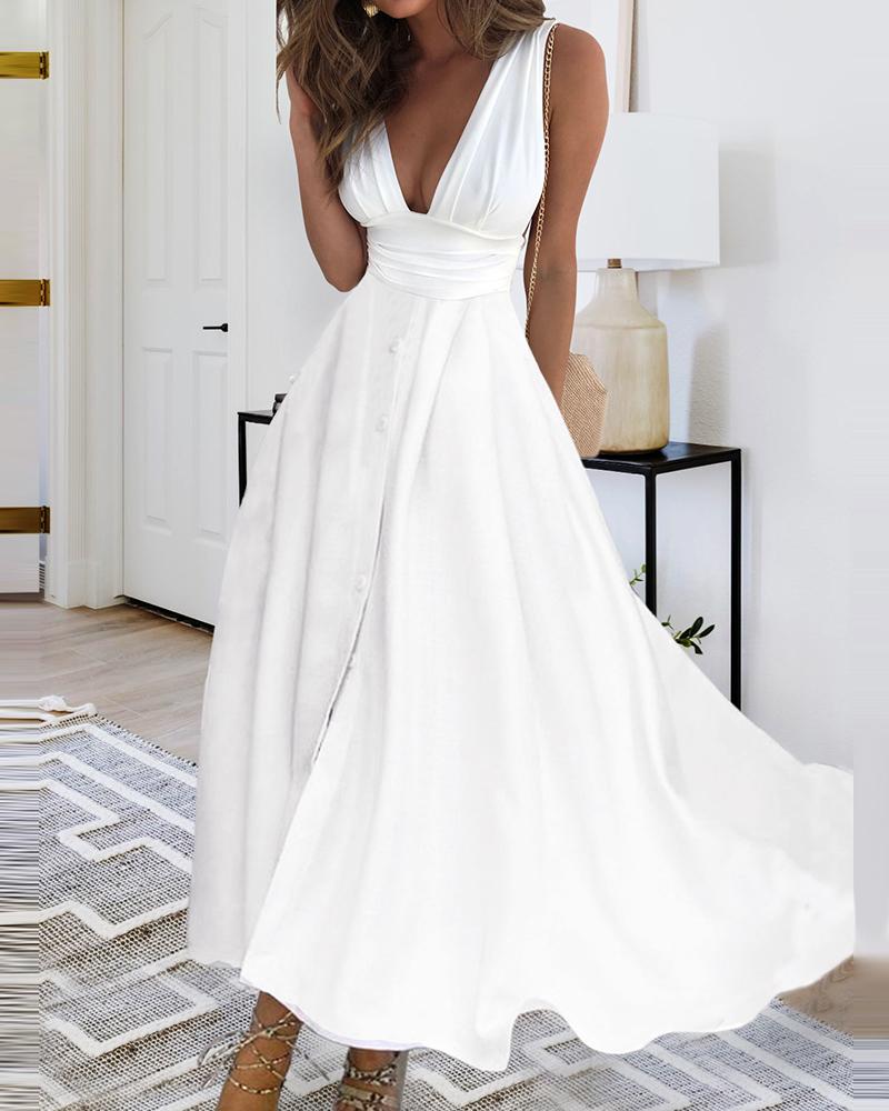 

Plunge Sleeveless Slim Waist Slit Maxi Dress, White