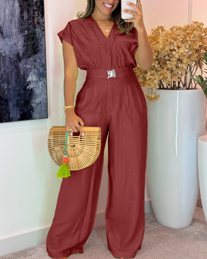 

Combinaison à jambes larges avec corset à manches courtes et col en V et boucle en métal, Brown