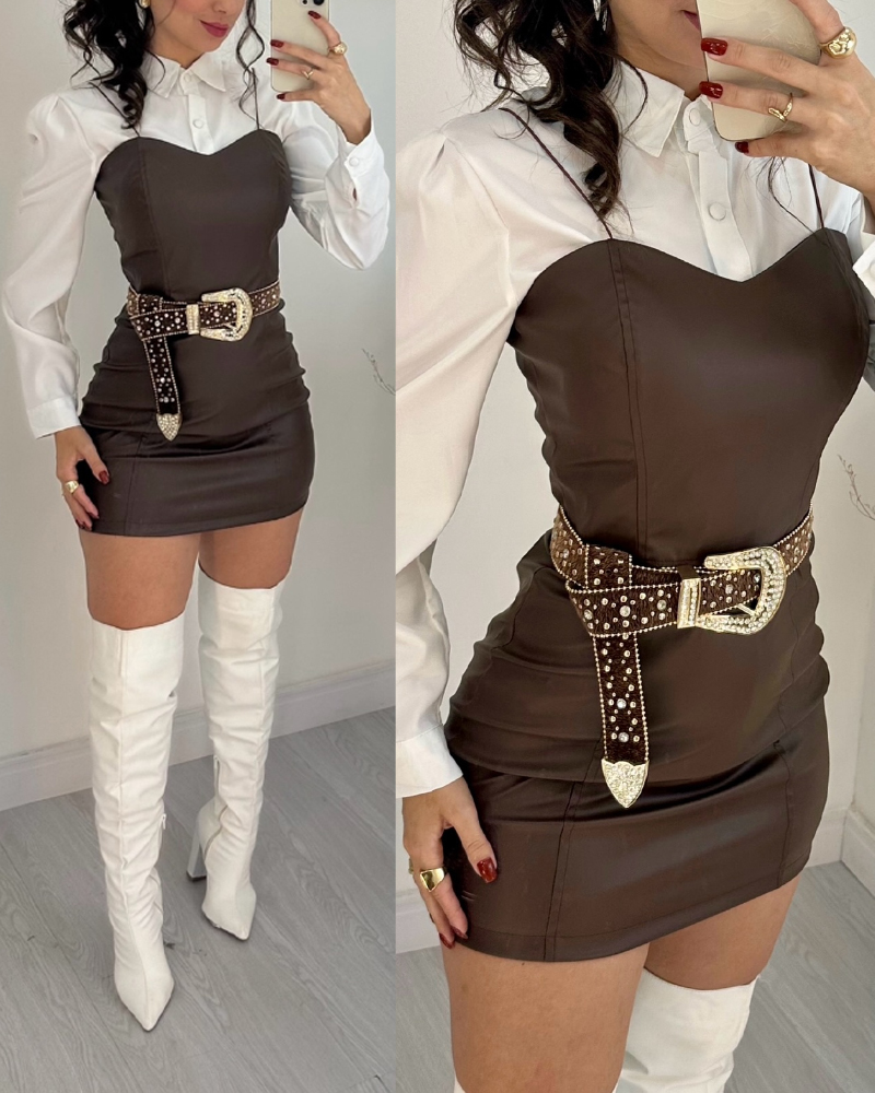 

2 Pieces Outfit Turn-down Collar Long Sleeve Blouses and Casual Spaghetti Straps PU Leather Skirt, Coffee