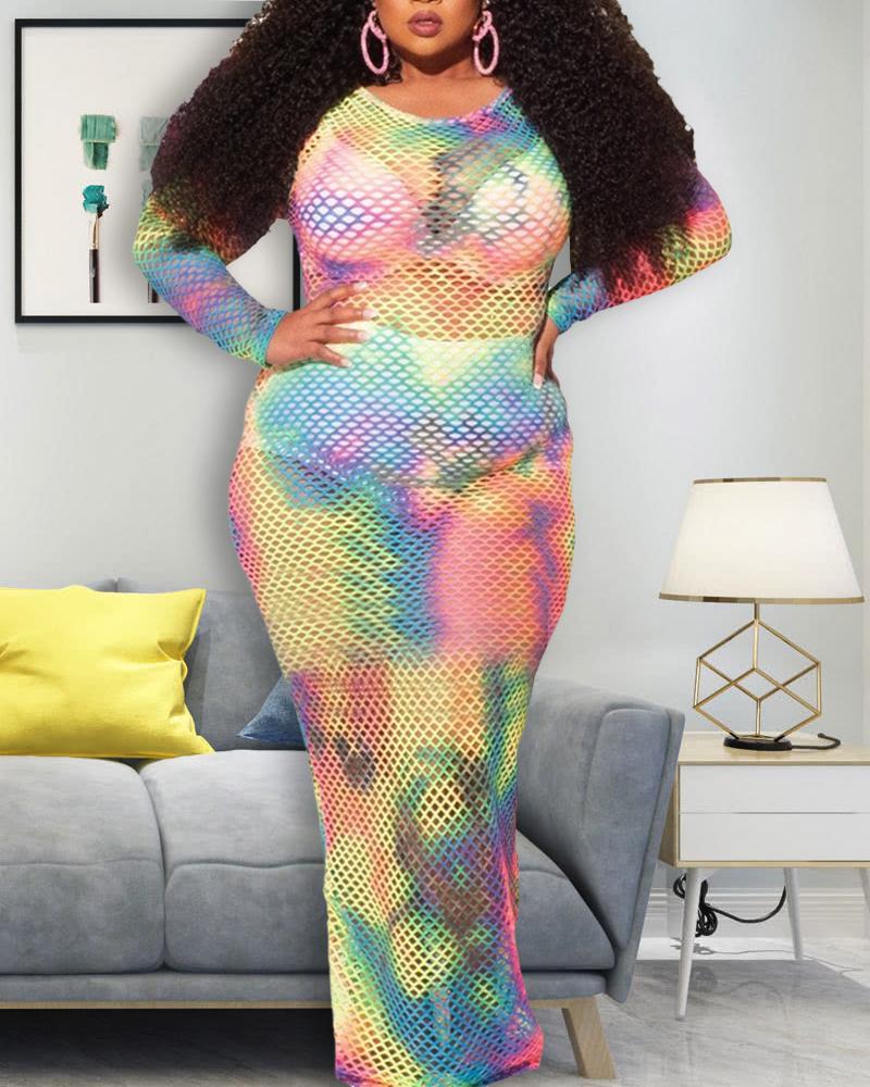 

Tie Dye Open Back Fishnet Maxi Dress, Multicolor