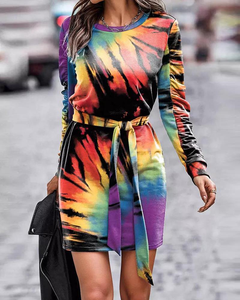 

Tie Dye Print Ruched Long Sleeve Casual Dress, Multicolor