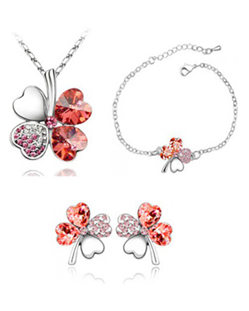 

4PCS Clover Pattern Colorblock Pendant Necklace & Earrings & Bracelet Set, Red