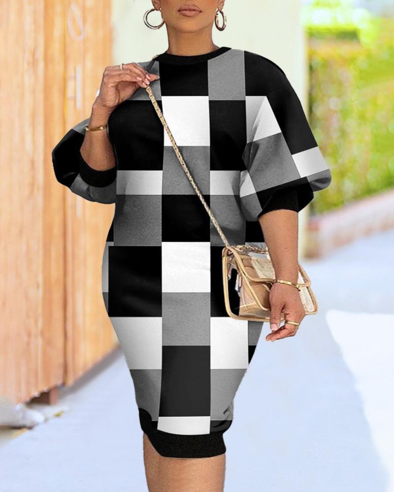 

Plus Size Geometric Print Colorblock Lantern Sleeve Casual Dress, Blackwhite