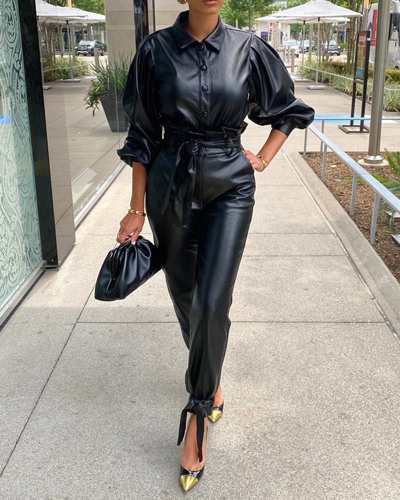 

PU Leather Lantern Sleeve Top & Tied Detail Pants Set, Black