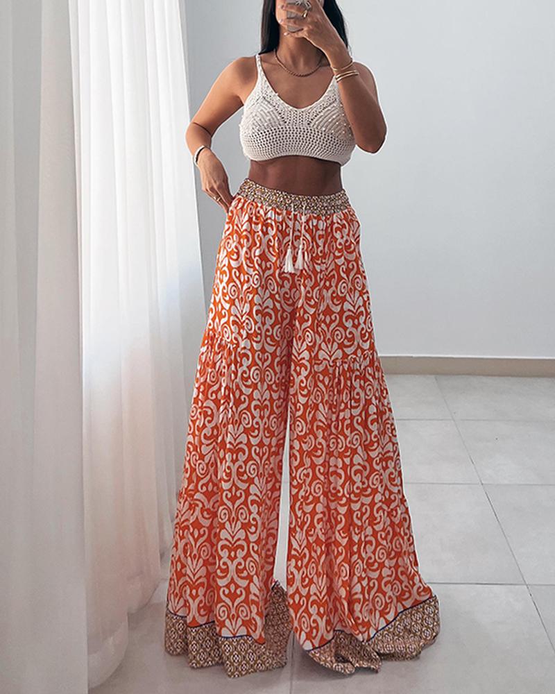 

Pantalon évasé taille haute à lacets et imprimé tribal, pantalon décontracté à jambes larges, Orange