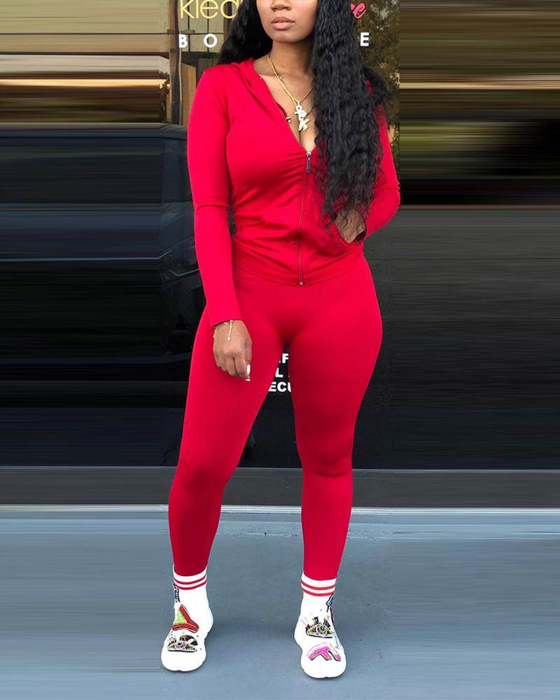 

Long Sleeve Zip Up Hooded Top & Pants Set, Red
