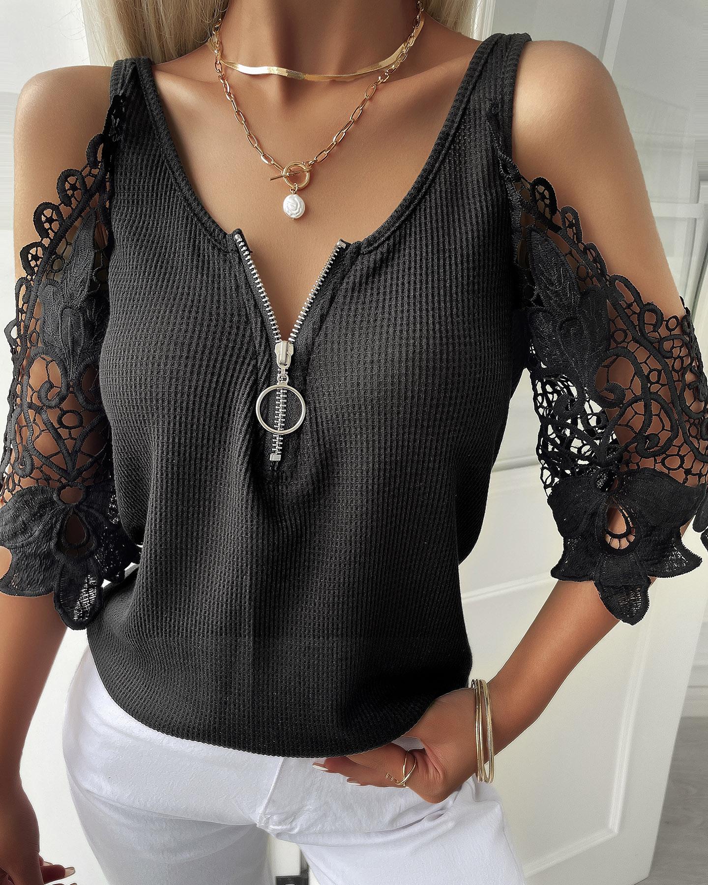 

Cold Sleeve Zipper Front Lace Trim Top, Black