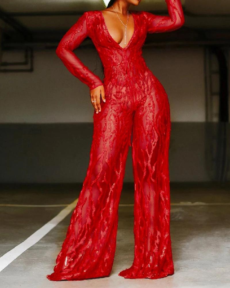 

Contrast Sequin Plunge Wide Leg Jumpsuit, Red