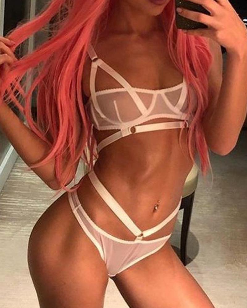 

See-through Hollow-out Solid Color Spaghetti Strap Bra Sets, White