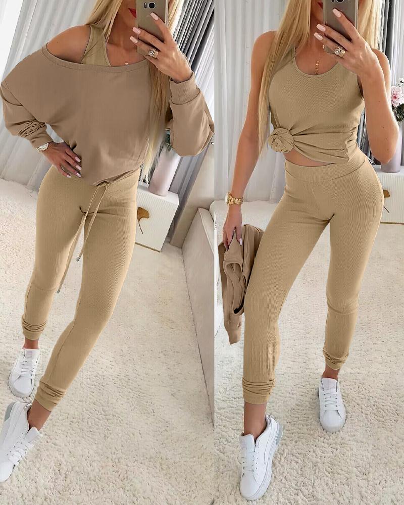 

3PCS/Set Ribbed Tank Top & Skinny Pants With Skew Neck Drawstring Hem Top, Khaki