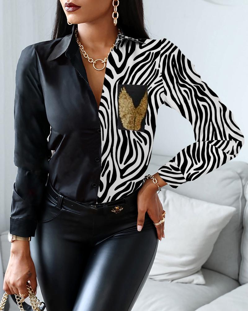 

Zebra Stripe Colorblock Button Front Shirt, Black