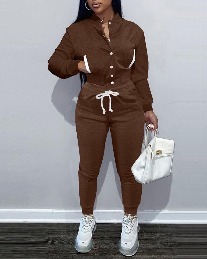 

Pocket Design Buttoned Baseball Jacket & Pants Set, Coffee