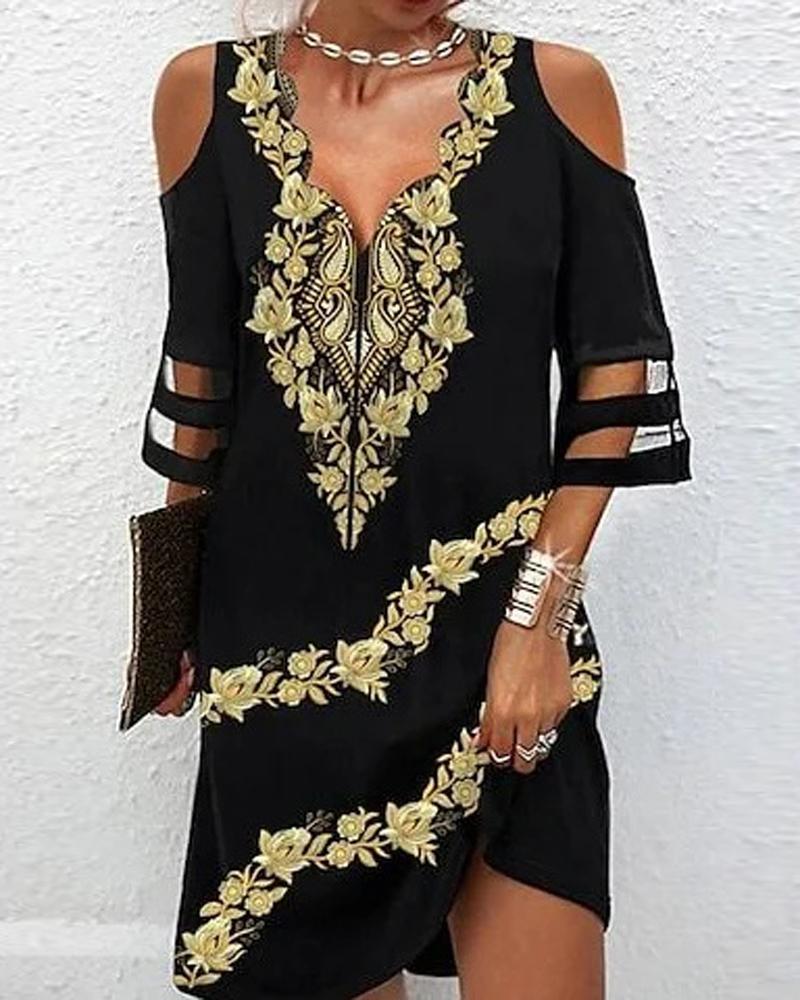 

Tribal Print Contrast Mesh Cold Shoulder Casual Dress, Black