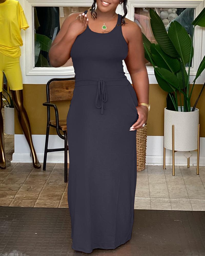 

Round Neck Pocket Design Maxi Dress, Black