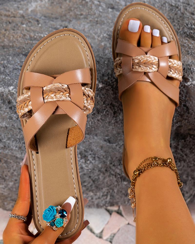

Braided Strap Hollow Out Beach Slippers, Brown