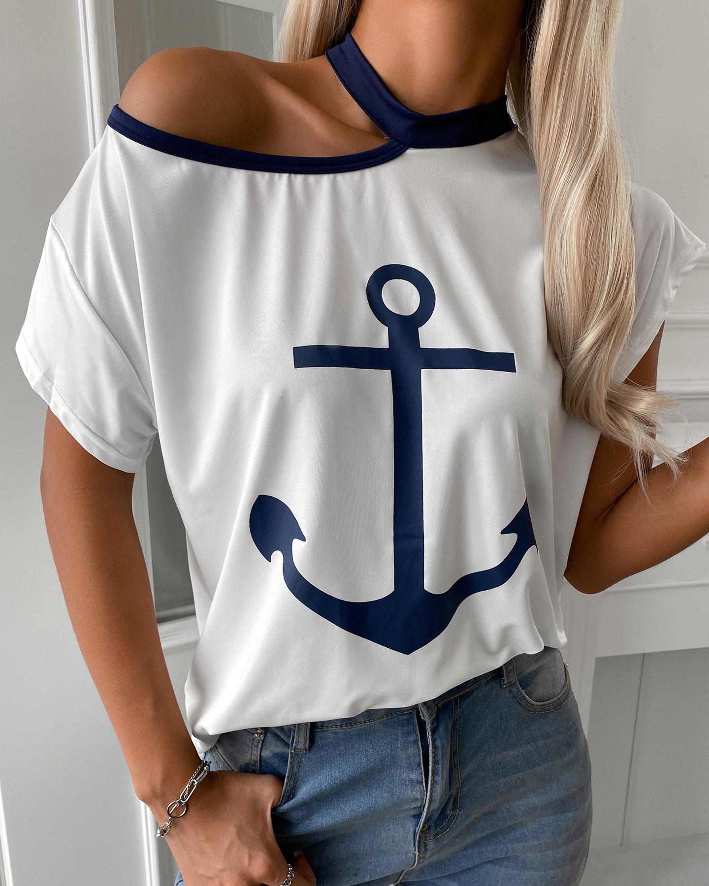 

Cold Shoulder Boat Anchor Print Casual T-shirt, White