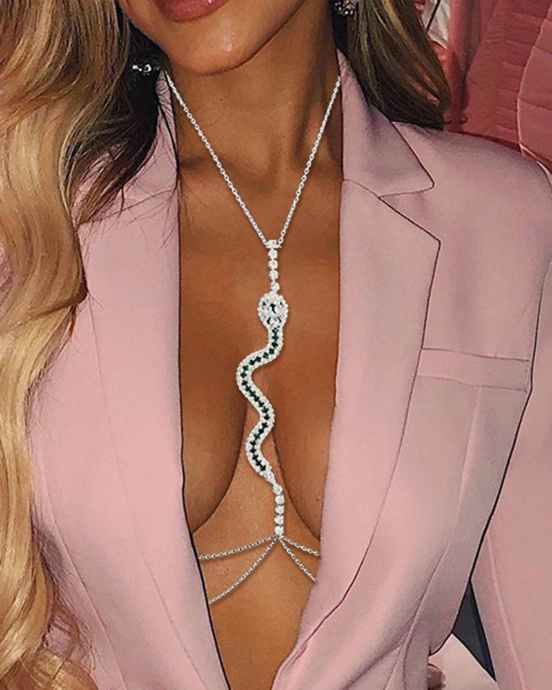 

Snake Pattern Rhinestone Decor Body Chain, Silver