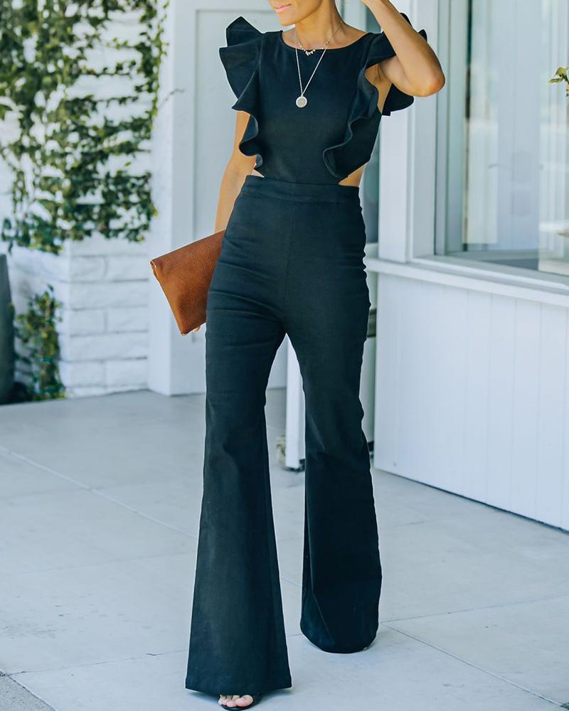 

Solid Color Cut-out Ruffle Hem Sleeveless Jumpsuits, Black