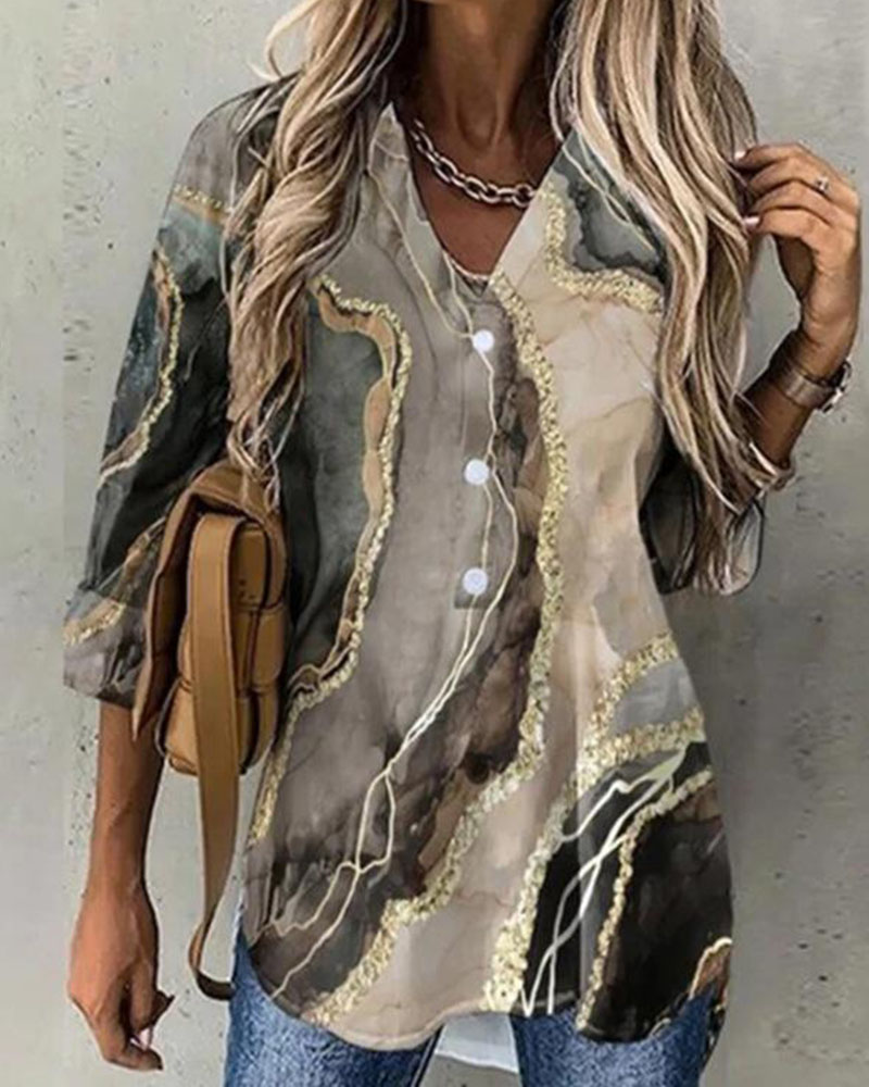 

Marble Print Long Sleeve Button Down Shirt, Khaki