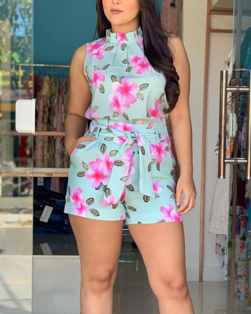 

Floral Print Sleeveless Lace-up Tank Top With Short Pants Suit Sets, Green