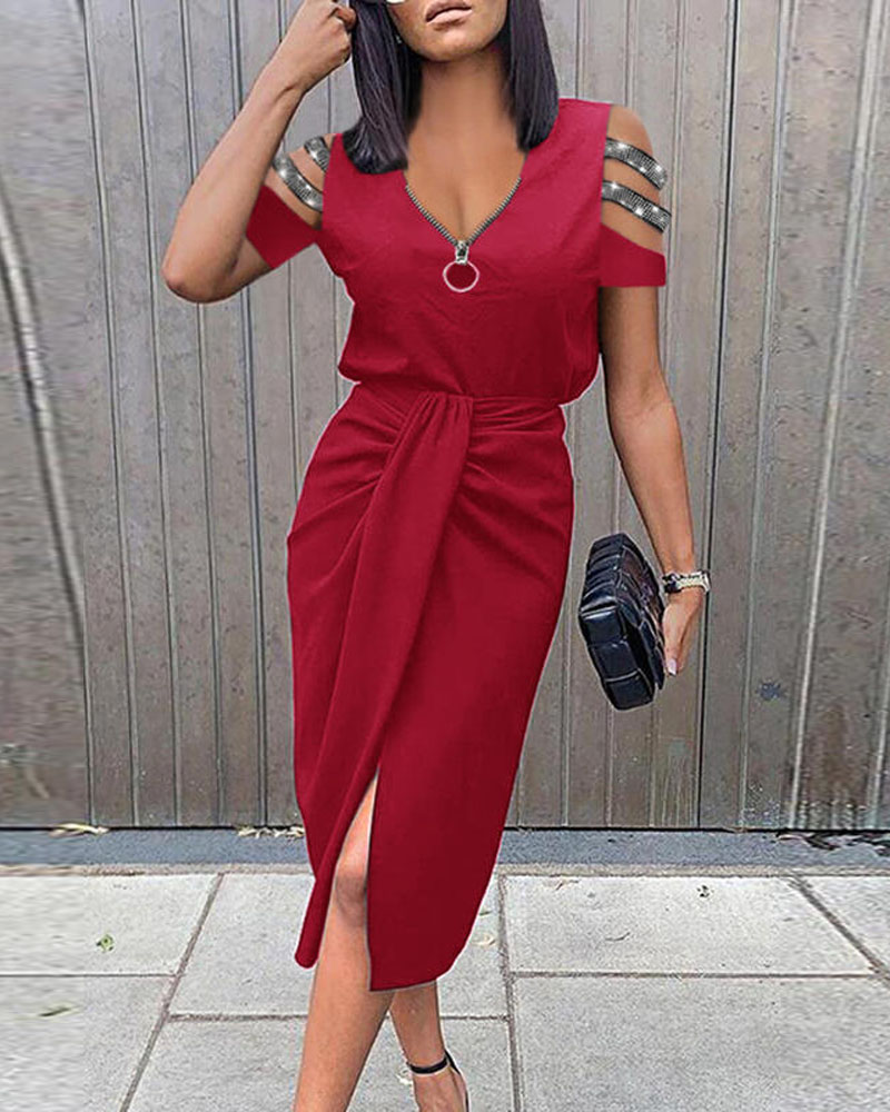 

Ladder Cutout Cold Shoulder Ruched Split Work Dress, Red