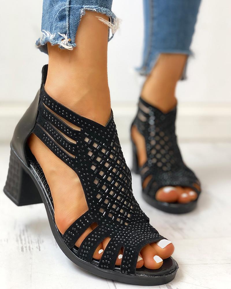 

Studded Hollow Out Chunky Sandals, Black