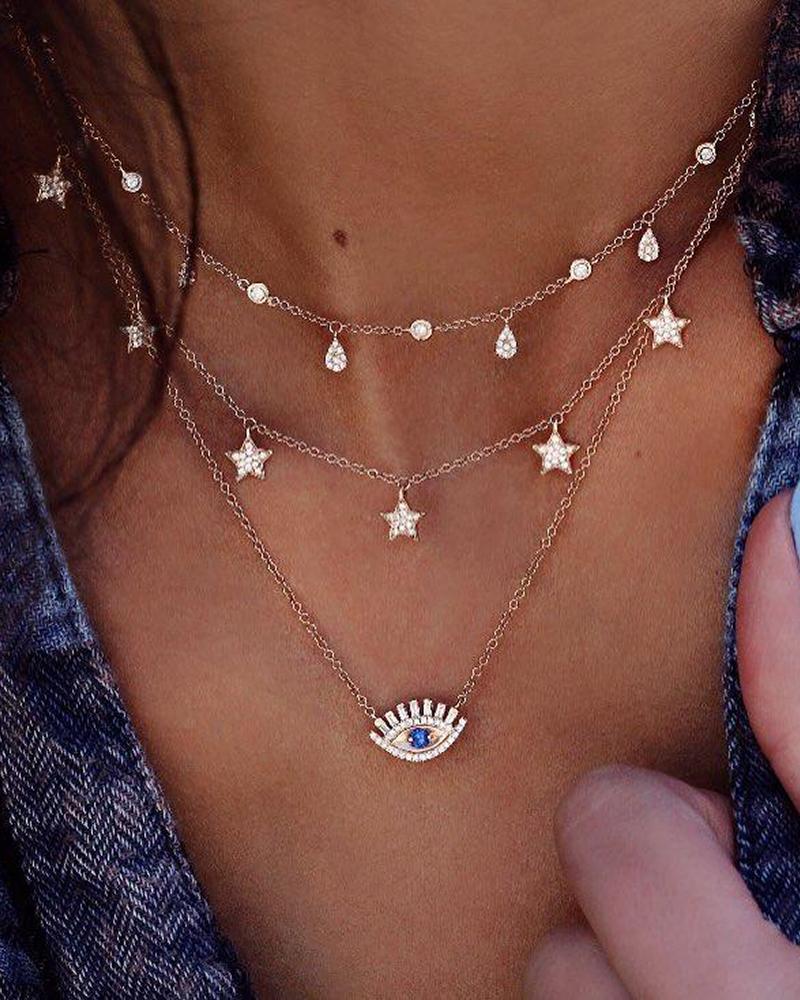 

3pcs Layered Star Devil Eye Pendant Rhinestone Decor Necklace, Gold