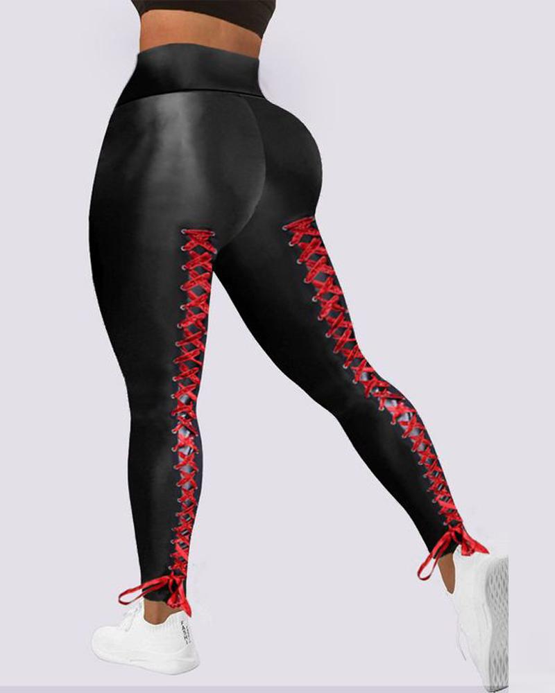 

Grommet Eyelet Lace-up High Waist Leggings, Red