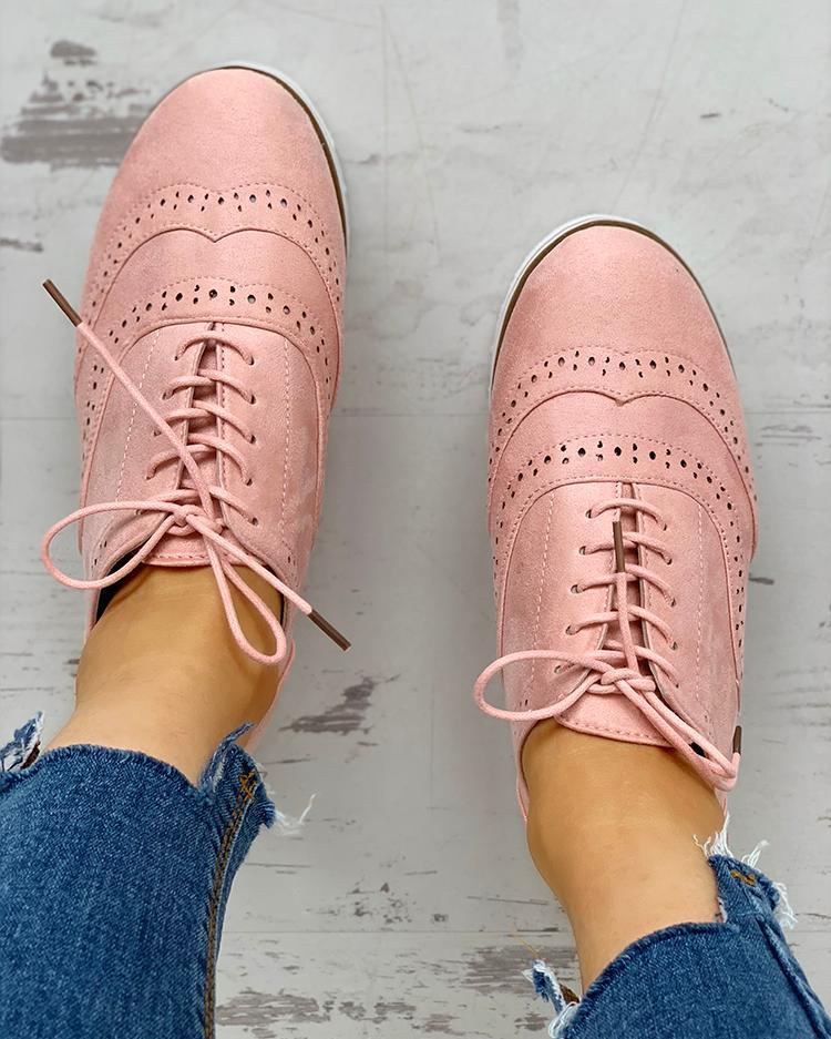 

Hollow Out Pattern Lace-up Platform Shoes, Pink