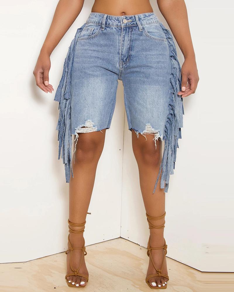 

Tassel Design Ripped Denim Shorts, Blue