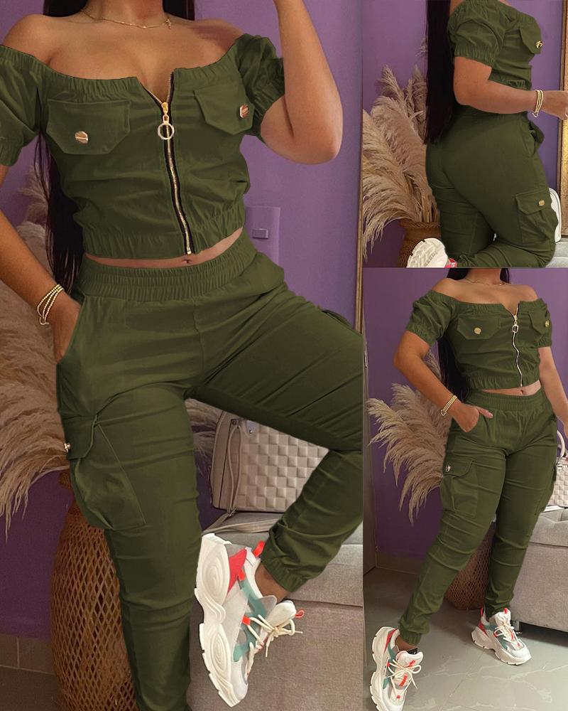 

Off Shoulder Zipper Design Top & Cuffed Pants Set, Army green