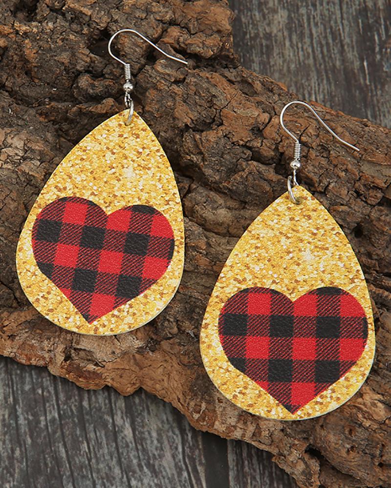 

Valentine's Day Plaid Heart Print Waterdrop Shaped Drop Earrings, Gold