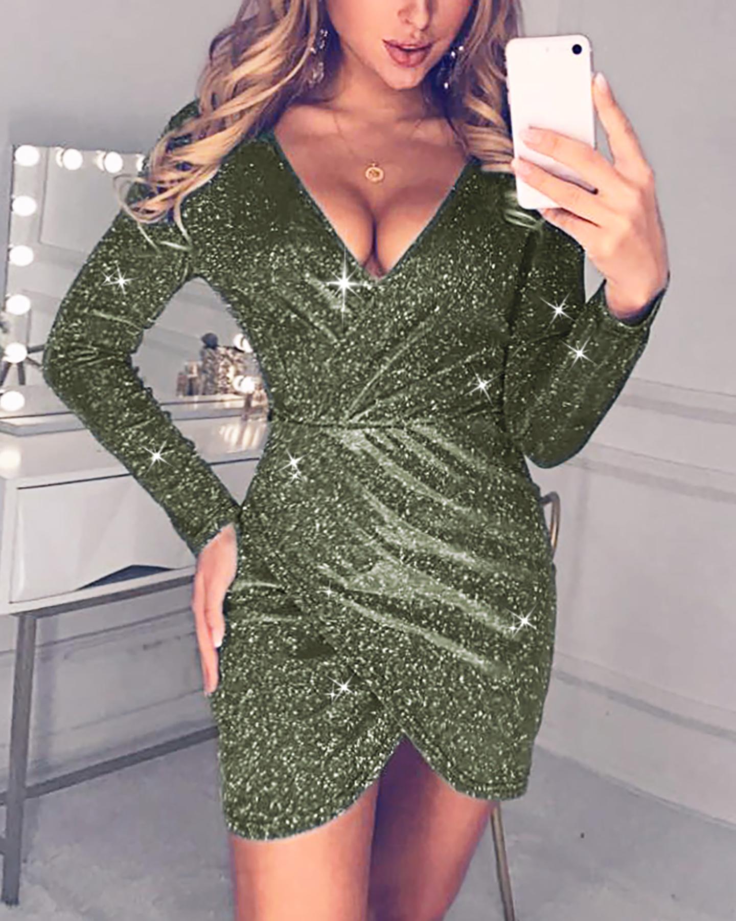 

Glitter V-Neck Wrap Bodycon Dress, Green