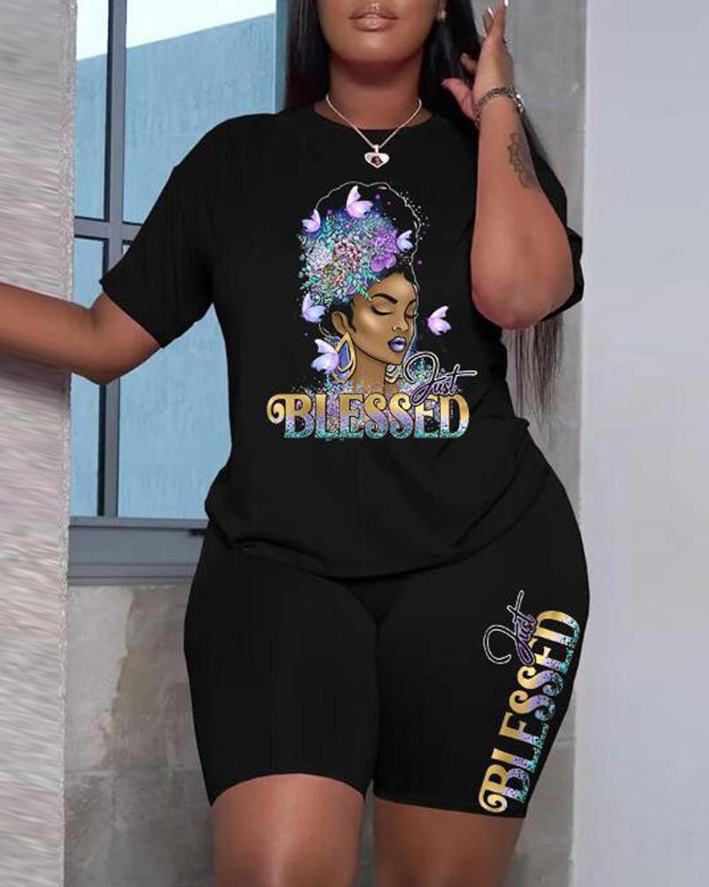 

Plus Size Just Blessed Figure Print Casual T-shirt & Shorts Set, Black