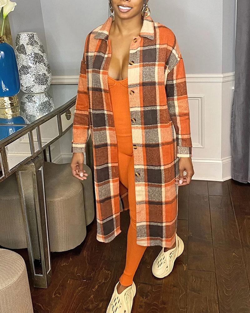 

Plaid Print Button Front Longline Coat, Orange