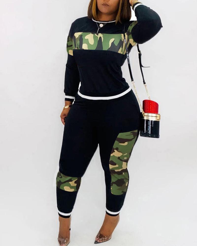 

Plus Size Camo Print Patchwork Long Sleeve Top & Pants Set, Green