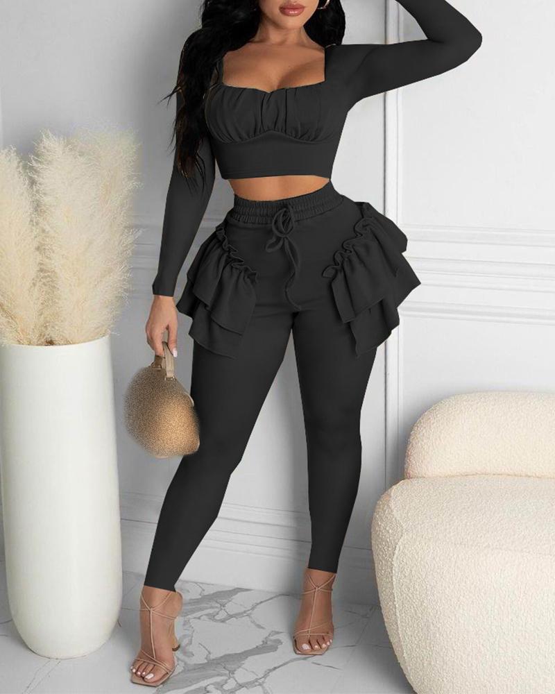 

Two Piece Sets Plain Long Sleeve Ruched Crop Top & Ruffles Frill Hem Pants Sets, Black