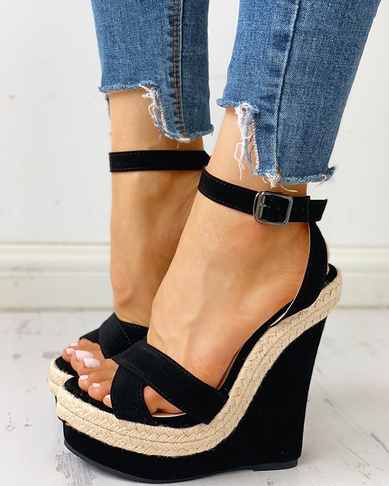 

Ankle Buckled Espadrille Wedge Sandals, Black