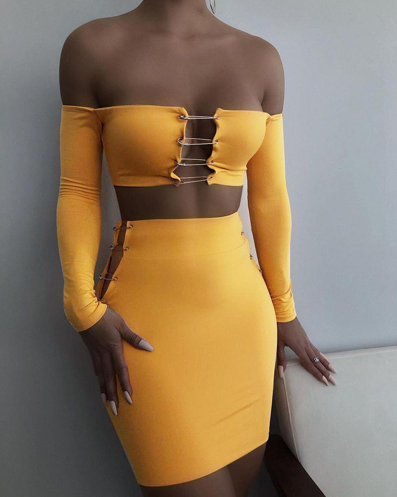 

Off Shoulder Pin Link Crop Tube Top & Skirt Set, Yellow