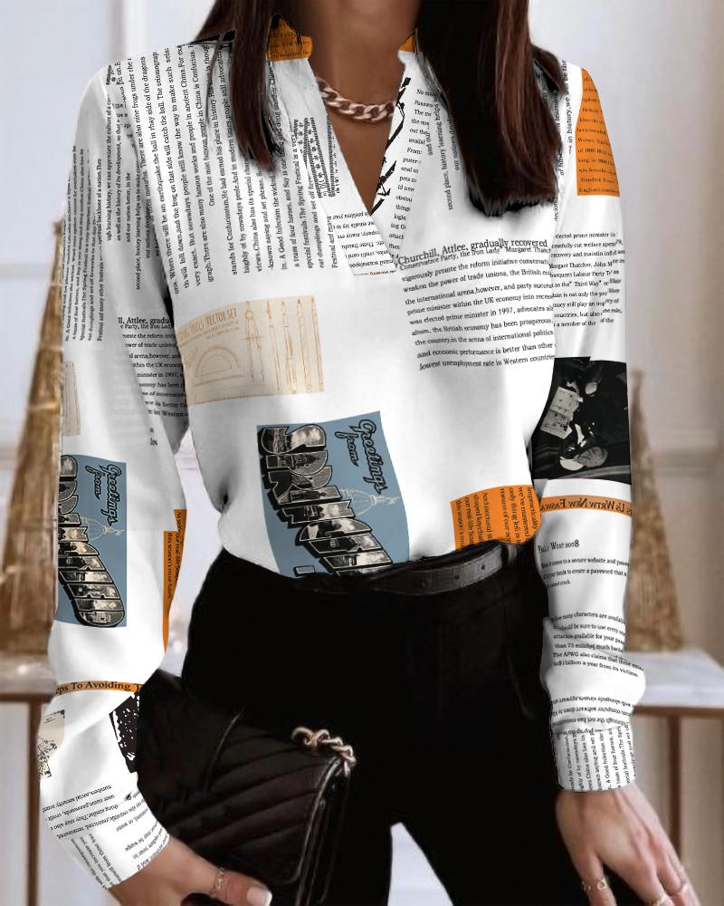 

Newspaper Print V-Neck Long Sleeve Top, White