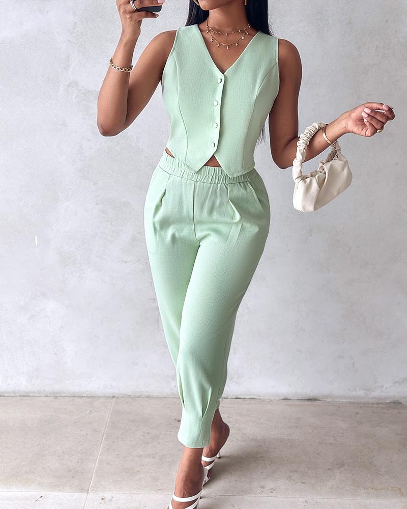 

Conjunto de pantalones con diseño de bolsillo y top sin mangas con botones, Green