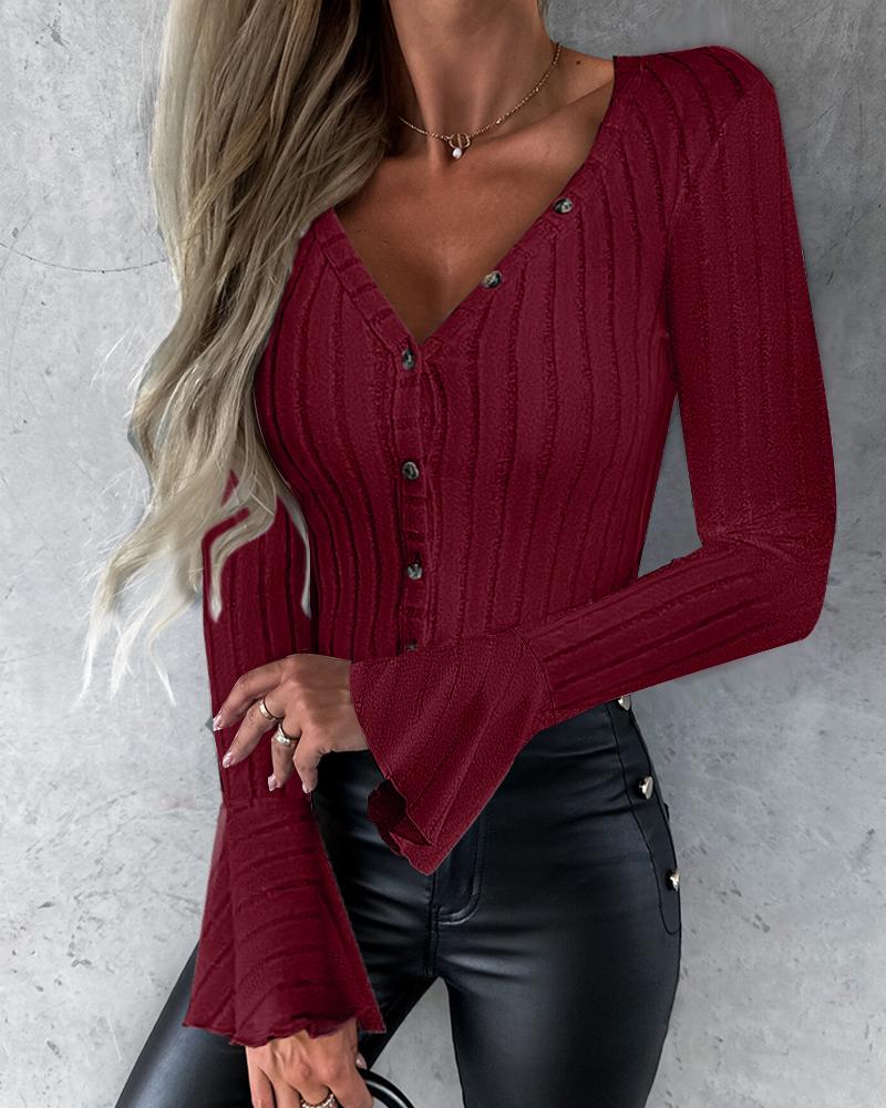 

V-Neck Bell Sleeve Buttoned Ribbed Top, Wine red