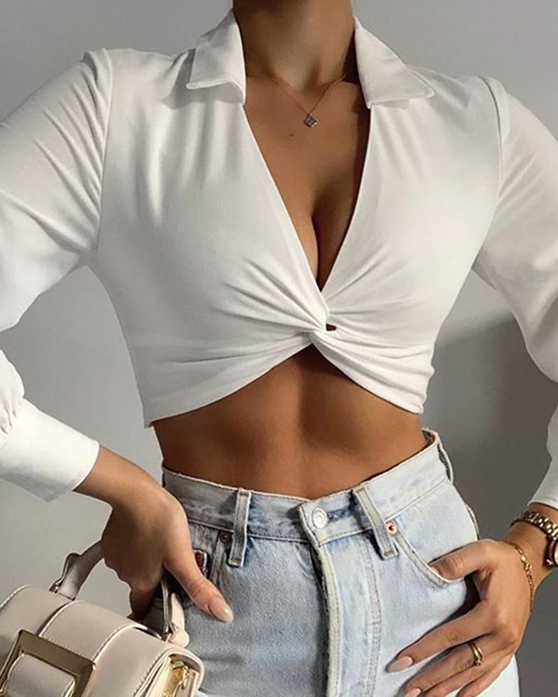 

Twisted Long Sleeve Crop Top, White