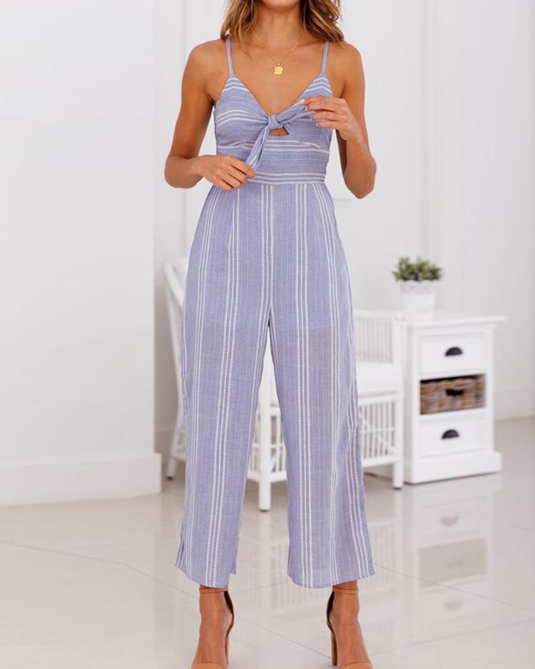 

Striped Bowknot Cutout Front Jumpsuit, Blue