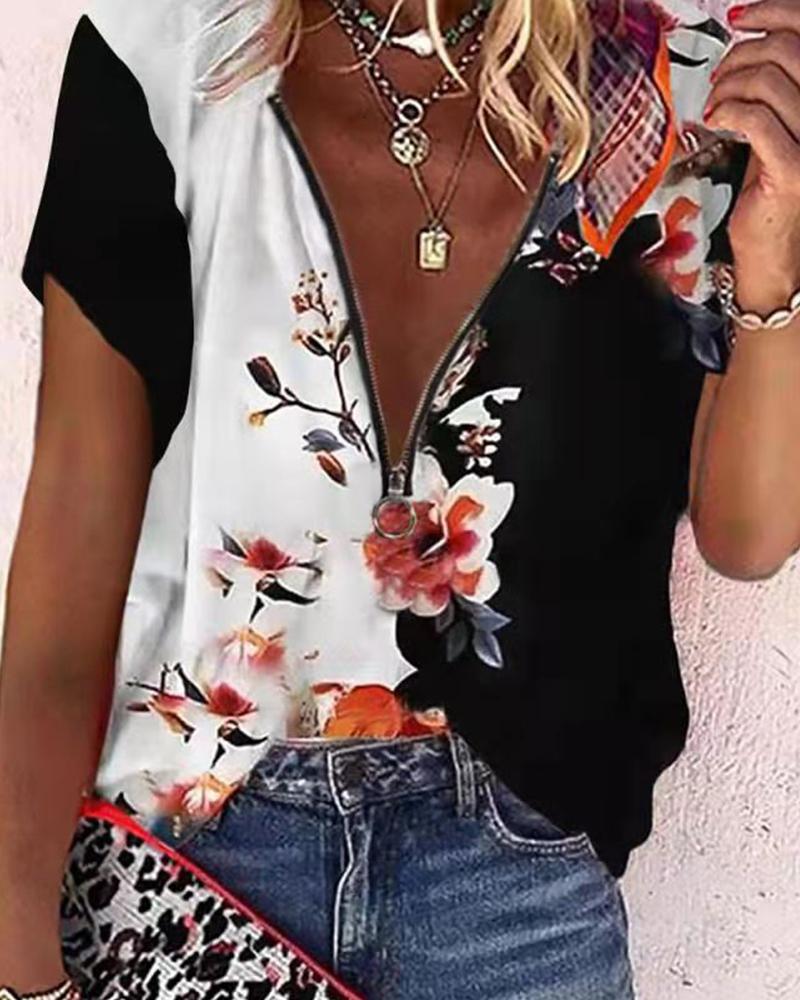 

Floral Print Zipper Front Top, Black