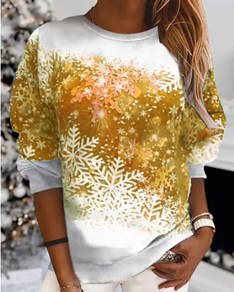 

Christmas Snowflake Print Long Sleeve Casual Top, Yellow