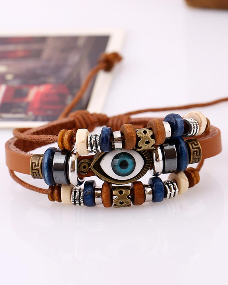 

1pc Bohemian Multi-layer Blue Eye Beaded Bracelet, Light brown