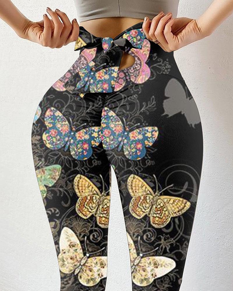 

Bowknot Butterfly Print Scrunch Butt Lifting Yoga Pants, Black